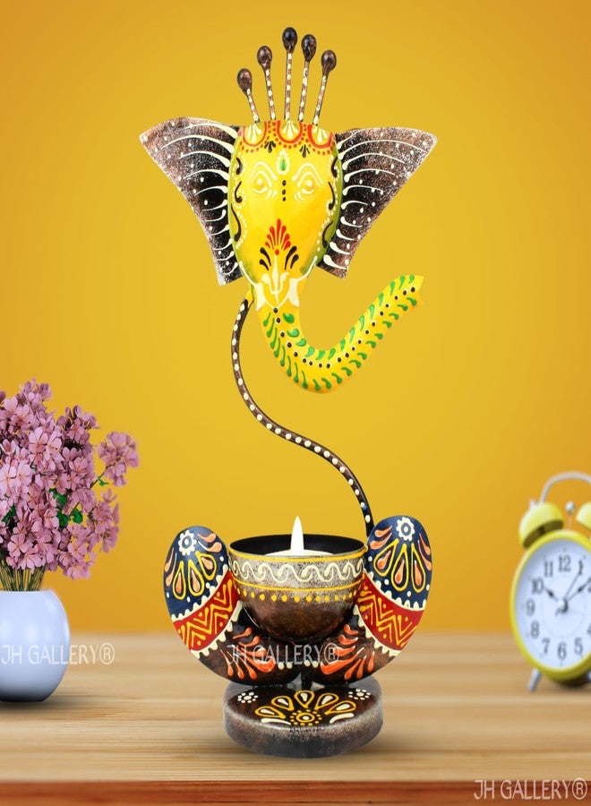 معرض جيه إتش حامل شموع غانيشا معدني مصنوع يدويًا من JH Gallery، مناسب لتزيين المنزل/قطعة فنية للعرض في المنزل، غرفة المعيشة، غرفة الصلاة - هدايا للشركات (أصفر عتيق) - Image 1